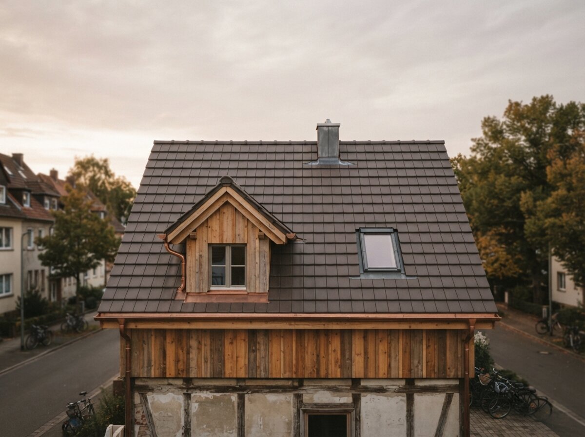 Fertig eingedecktes Satteldach mit Dachfenster und Gaube, Wohnhaus in der Abenddämmerung
